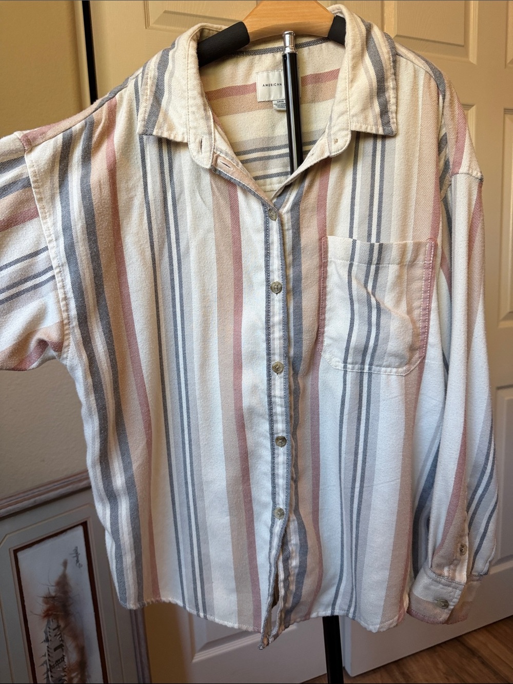 E6 American Eagle Outfitters Striped Button-Down Shirt in Cream, Blue, Pink